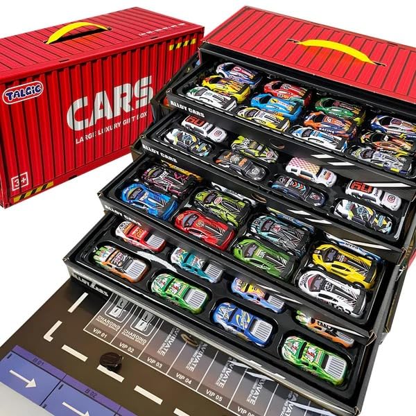 Image of Toy Cars for Kids, 48 Pull Back Race Cars Toys, Container Storage Box, Die Cast Metal Toy Cars Set, Dinosaur & Racing Pattern, Race Car Party Favors, Small Cars for Toddlers 3-5