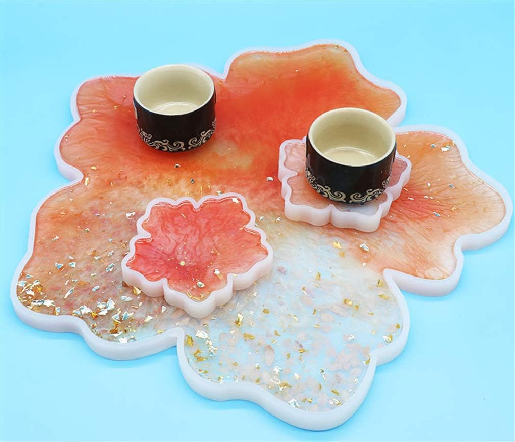 Remanbo 4pcs Flower Shape Tray Epoxy Resin Casting Molds for DIY Geode Coaster,Trays,Cup Mats, 1pcs Large Resin Tray Mold and 3pcs Coaster Molds
