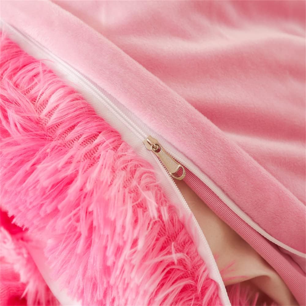Shaggy Fluffy Duvet Cover Set Queen Size Super Soft Faux Fur Bedding Set 3 Pcs (1Duvet Cover + 2Pillowcases) Luxurious Plush Comforter Cover Set with Zipper Closure (Queen,Pink)
