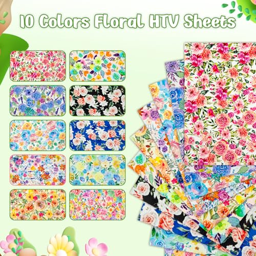 Image of HTVRONT Floral Heat Transfer Vinyl - 12 inchx10 inch Watercolor Flower HTV Sheets | 11 Packs Pattern Iron On Vinyl with 1 PTFE Sheet, Patterned HTV Vinyl Bundle for Spring Clothing Costume