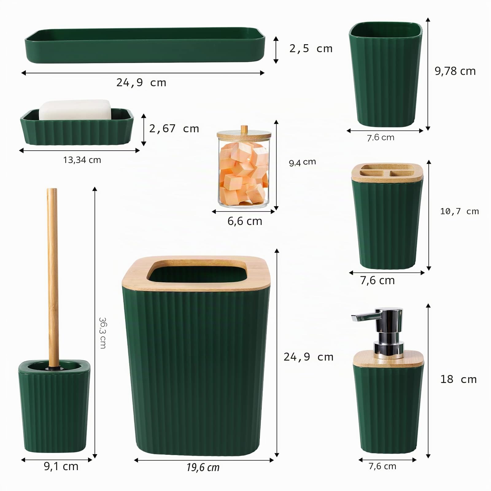 XLHOMO Set di accessori da bagno verde scuro, 9 pezzi verde con cestino, vassoio, dispenser di sapone, portaspazzolino, portaspazzolino, portasapone, scopino per WC e porta Q-tip