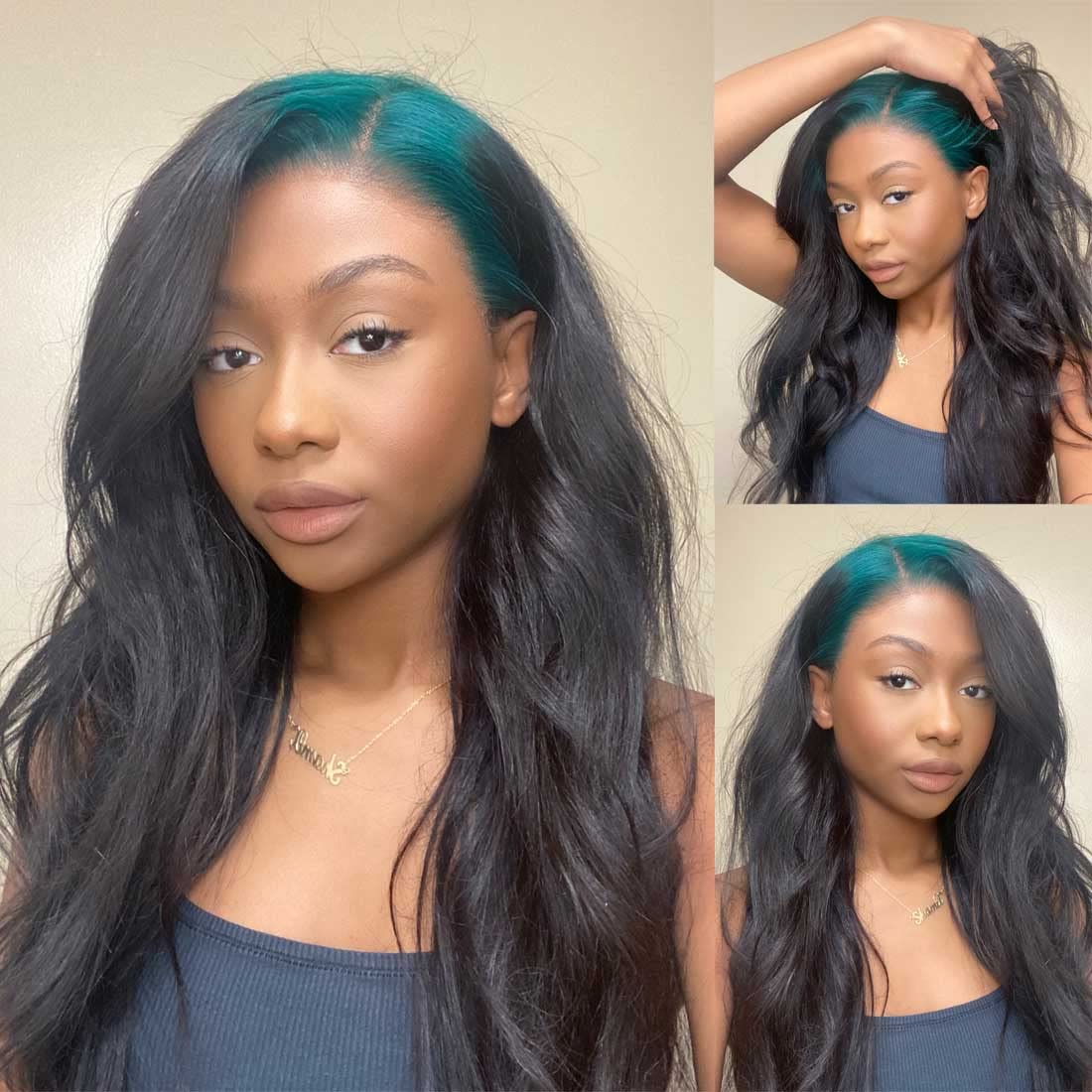 Amazon.com : Beauty Forever Skunk Stripe Neon Green Roots Black Hair Loose  Wave Lace Front Wigs Human Hair Colored Wig For Women,10A Grade Black And  Green Ombre Roots 13X4 Transparent Lace Front