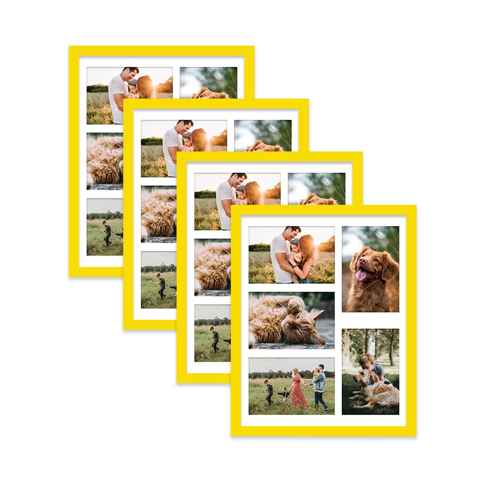 Yellow Multi Photo Frame - Holds 5 x 6x4 Pictures, Family Collage Picture Frame for Wall Display, 14x11 Frame size, Set of 4