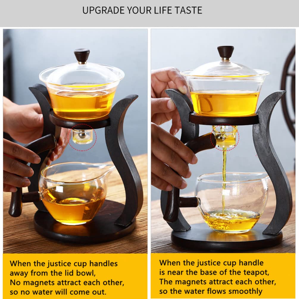 Halbautomatische Glas-Teekanne, 0.7 Liter, mit 6 Schüsseln, drehbare Abdeckung, Schüssel für Wasserfluss, Holzglas-Teekanne, Set mit 6 Schüsseln