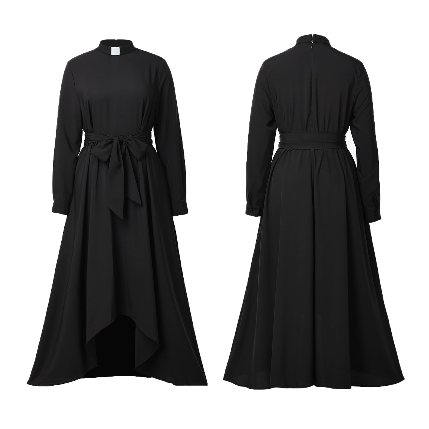 Sukienka kościelna dla kobiet z długim rękawem, luźna, elegancka sukienka maxi dla duchownych z zakładką, kołnierz i paski, Czarny, 5XL