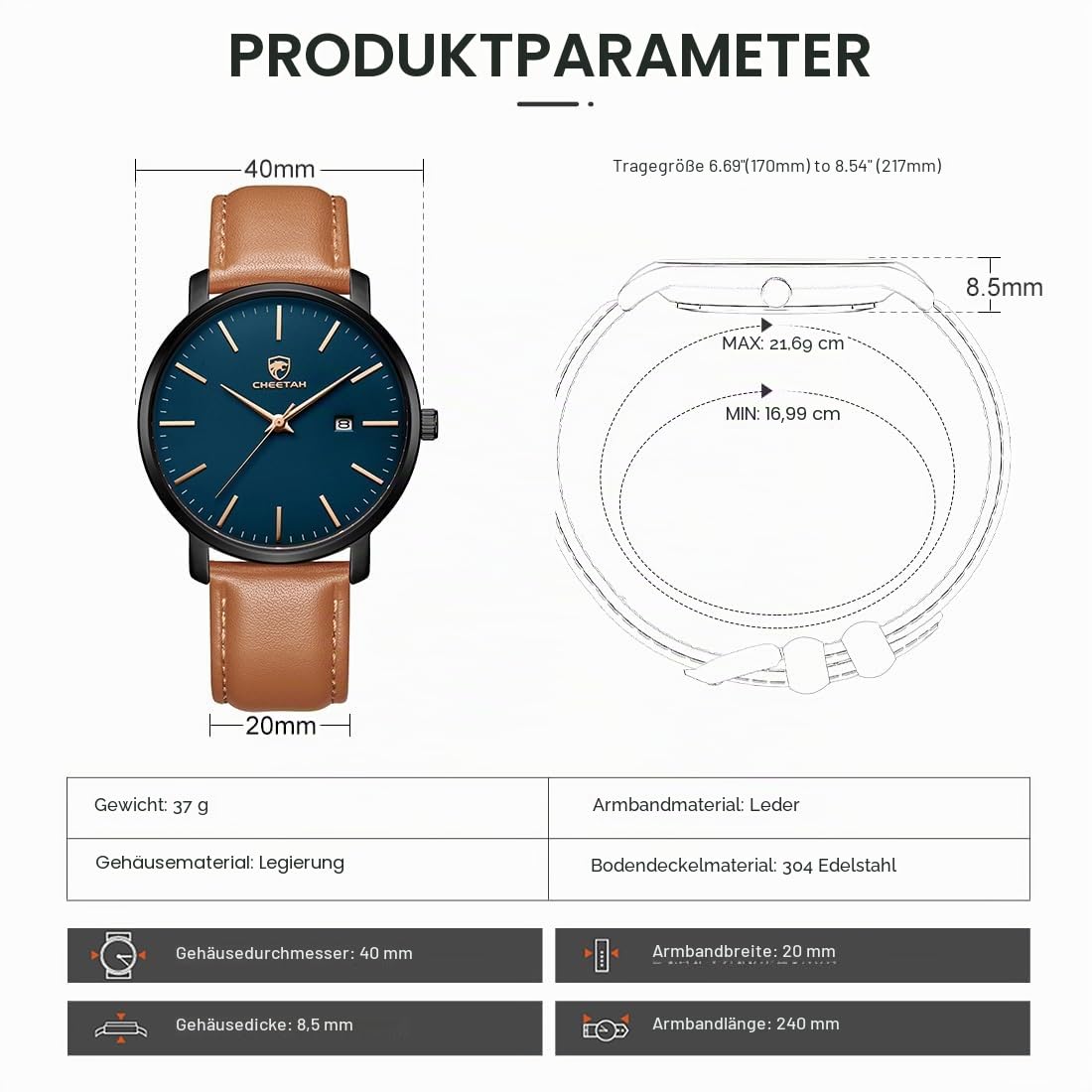 CHEETAH Minimalistische Uhren Herren, Analog Quarz 3 ATM wasserdichte Armbanduhr Herren mit Lederarmband, Datum Mode Sport Uhr für Jugendliche