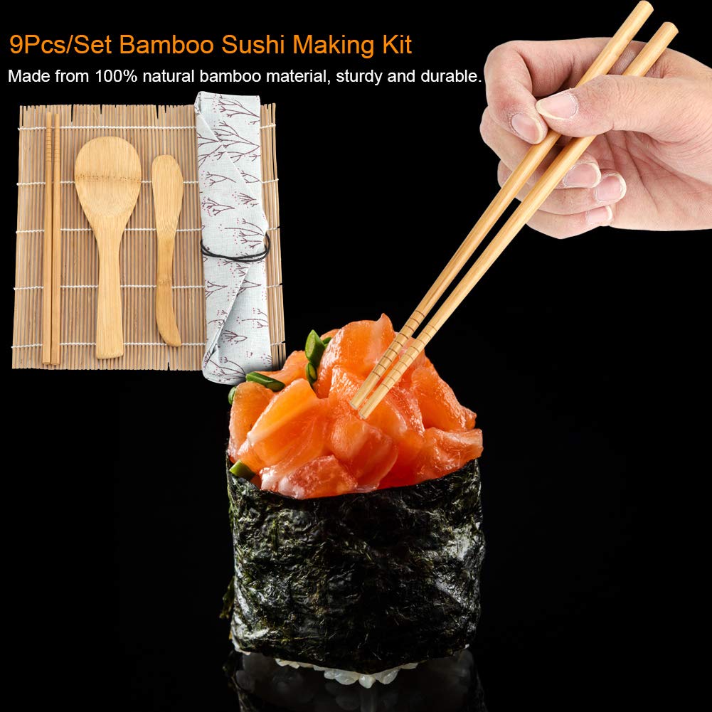 Kit Sushi Fai Da Te Kit Per In Bambù,Kit Per Sushi Professionale Da 9 Pezzi Con Custodia Include 2 Tappetini Per Rotolare,5 Paia Di Bacchette,1 Pagaia