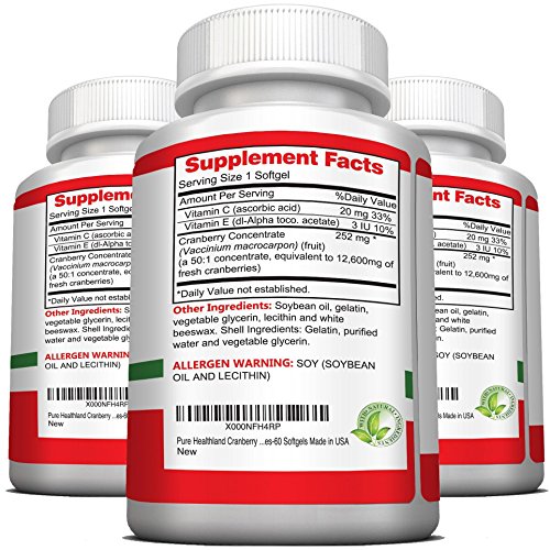 Non GMO Cranberry Concentrate Supplement Pills for Urinary Tract Infection UTI. Equals 12600mg Cranberries. Triple Strength Kidney Bladder Health for Men & Women. Easy to Swallow Softgels, 3 Bottles - Thumbnail 4