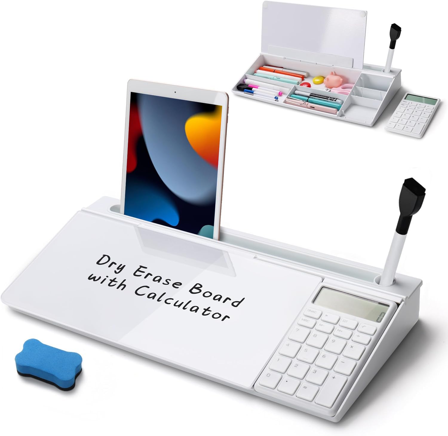 Angju Desktop Glass Whiteboard with Calculator, Organizer, Markers, Eraser, Holder - Small Dry Erase White Board Computer Pad Keyboard Stand for Home, School, Office Desk Cubicle Accessories