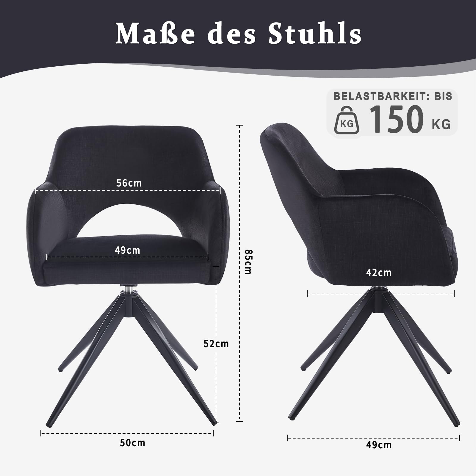 4er Set Drehbare Esszimmerstühle mit Armlehne – 360° Samt Polsterstuhl mit Auto-Return Funktion, Gepolstert, Schwarze Metallbeine, für Esszimmer & Küche