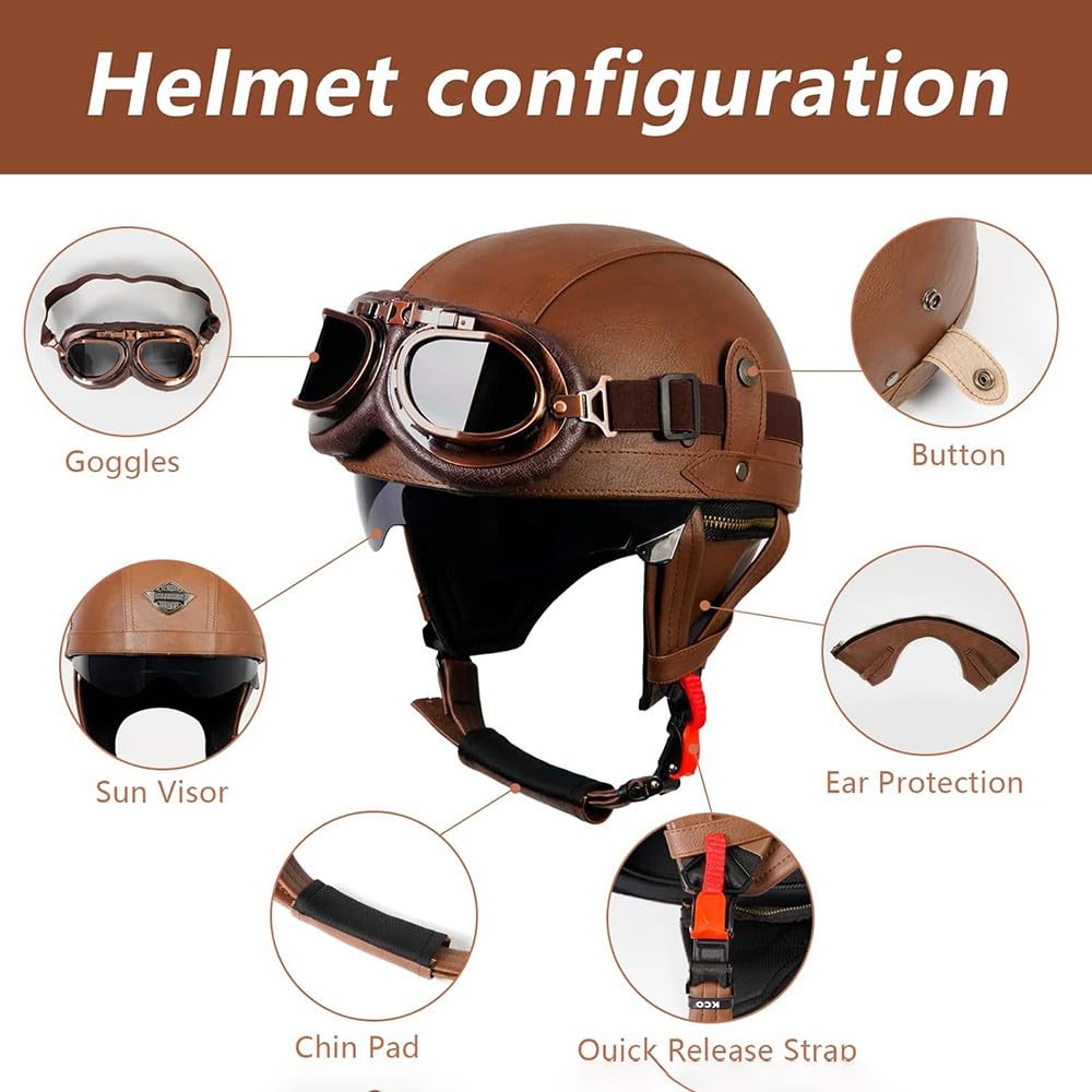 Retro 3/4 Casco Aperto Moto Mezzo con Occhiali, Vintage Style Caschi Jet Caschi Cromwell, DOT/ECE Approvato Demi-Jet Casco da Moto per Uomo E Donna Adulto,