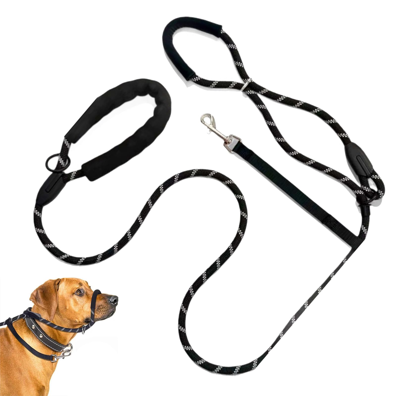 Figure of 8 Dog Lead Anti Pull, Figure 8 Dog Lead with Nose Padding and Collar Attachment, No Pull Slip for Training Walking (Medium/Large)