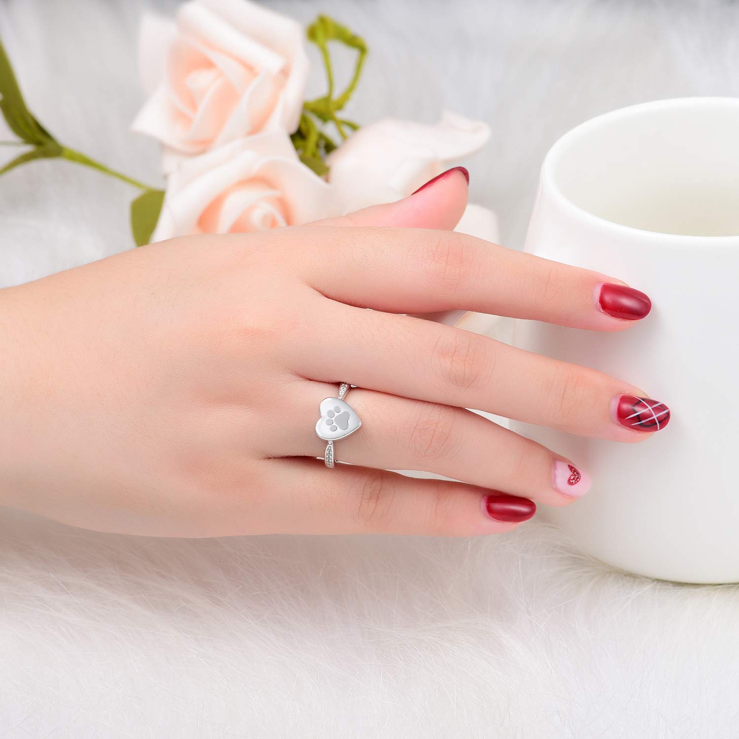 925 Sterling Silver Love Heart Urn Ring for pet Dog Cat's Ashes Keepsake Memorial Tiny Jewelry Forever in My Heart Paw Print Cremation Finger Rings(Silver 8)