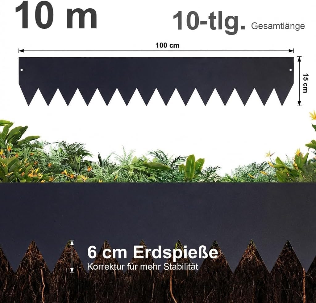 10er-Set feuerverzinkte Rasenkante mit Pulverbeschichtung, 100x15 cm (LxH), Metall-Beeteinfassung, mit 11 Erdclips für Rasen und Gartenwege, 10 m Gesamtlänge #LYLB65BK-DE