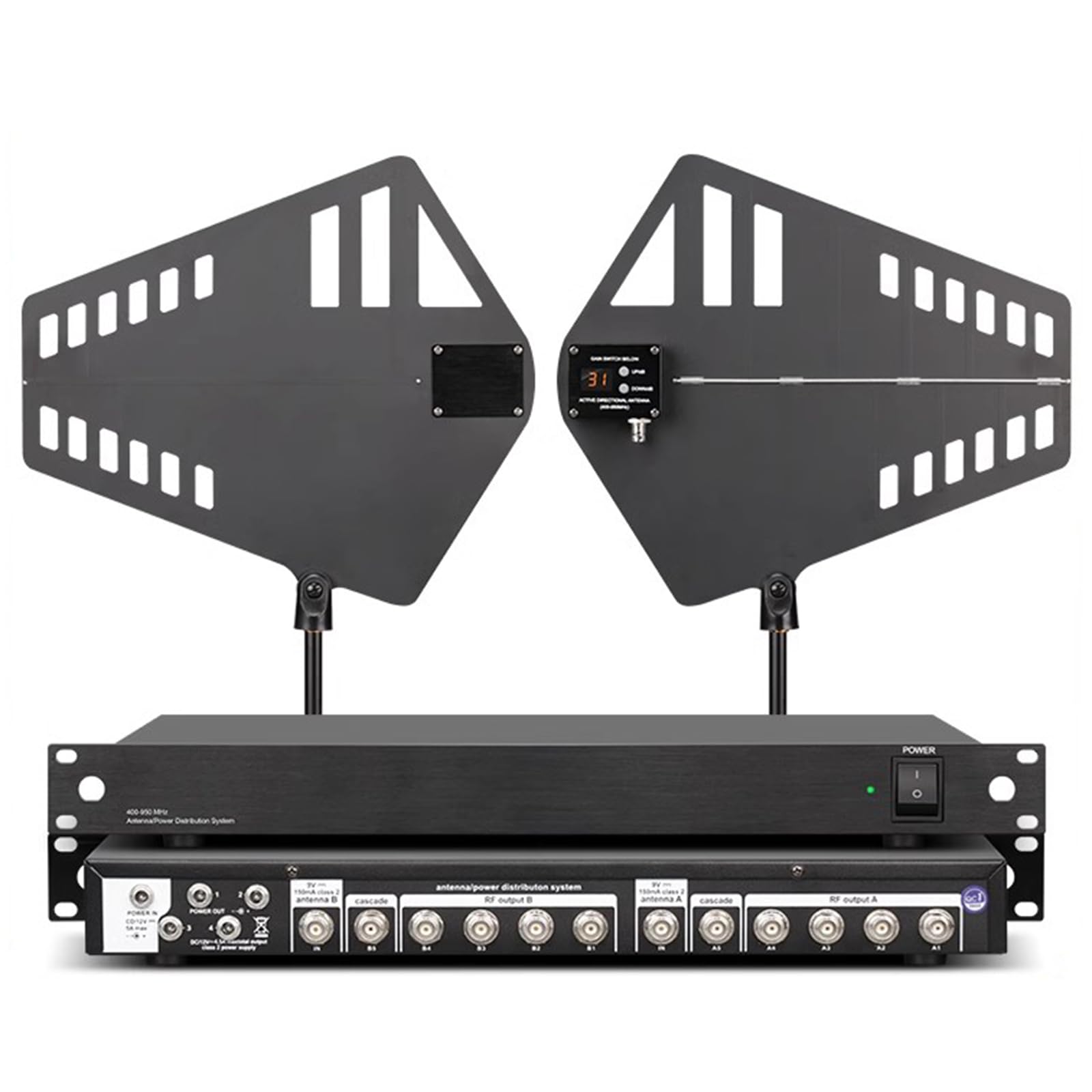 Amplificatore di segnale microfono wireless con distribuzione antenna UHF, dispone di 2 antenne direzionali attive e 8 porte di ingresso/uscita, gamma di frequenza 400-950MHz