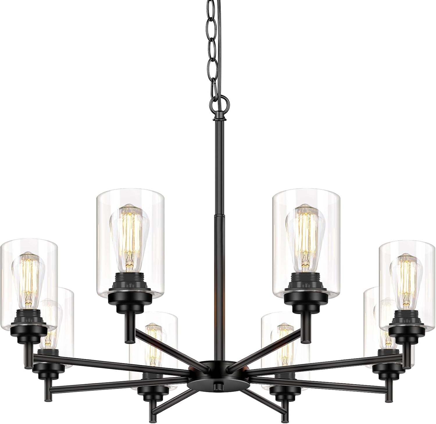 8-Light Chandelier for Dining Room Kitchen Island Modern Farmhouse Pendant Lighting with Clear Glass Shades Industrial Black Hanging Ceiling Light Fixture for Living Room, Height Adjustable Black 8 Light