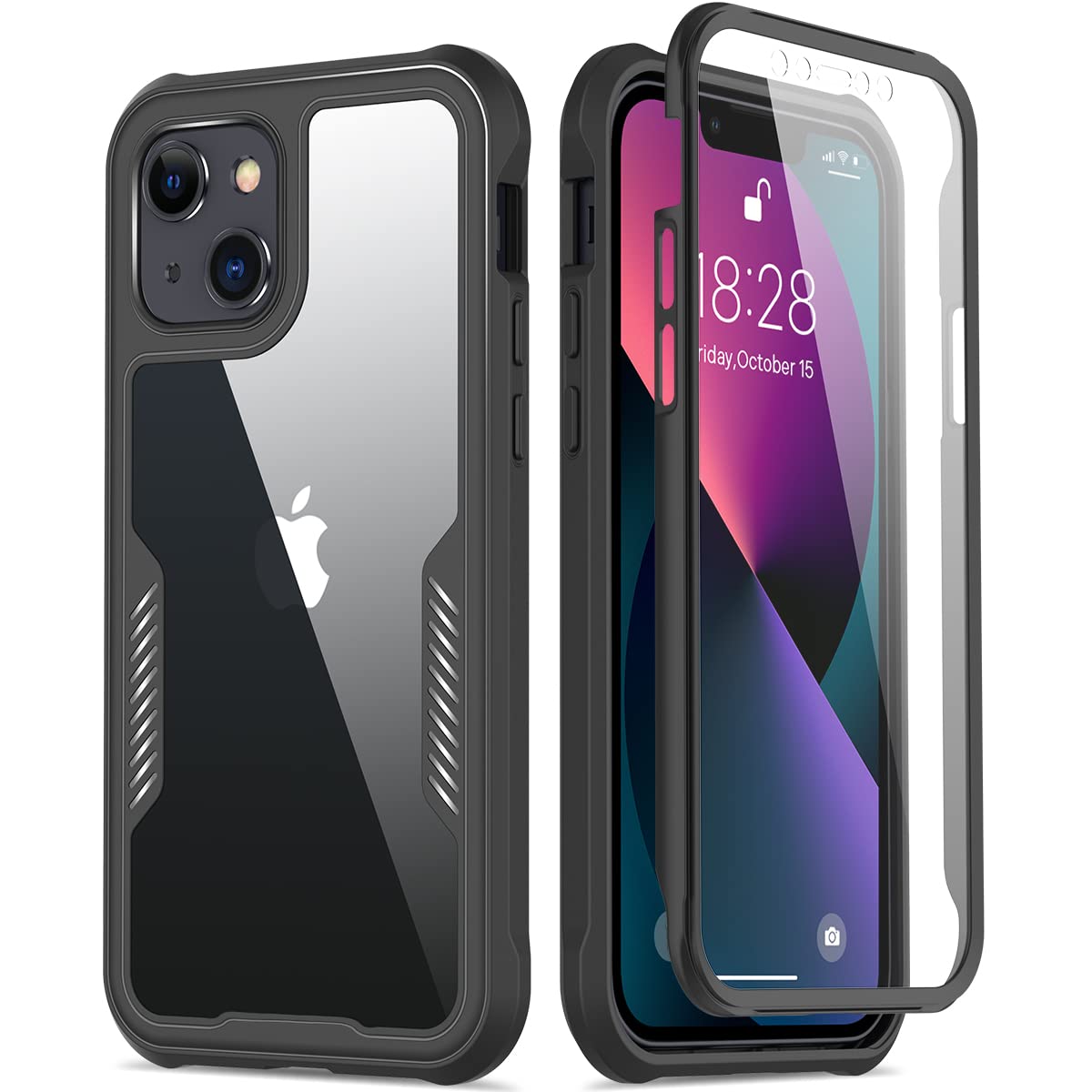 FUNMIKO iPhone 13 Case with Screen Protector,Mili-Grade Heavy Duty Protection Pass 21ft. Drop Tested Durable Slim-fit Clear Plastic Cover Protective Phone Case for Apple iPhone 13 6.1" Black