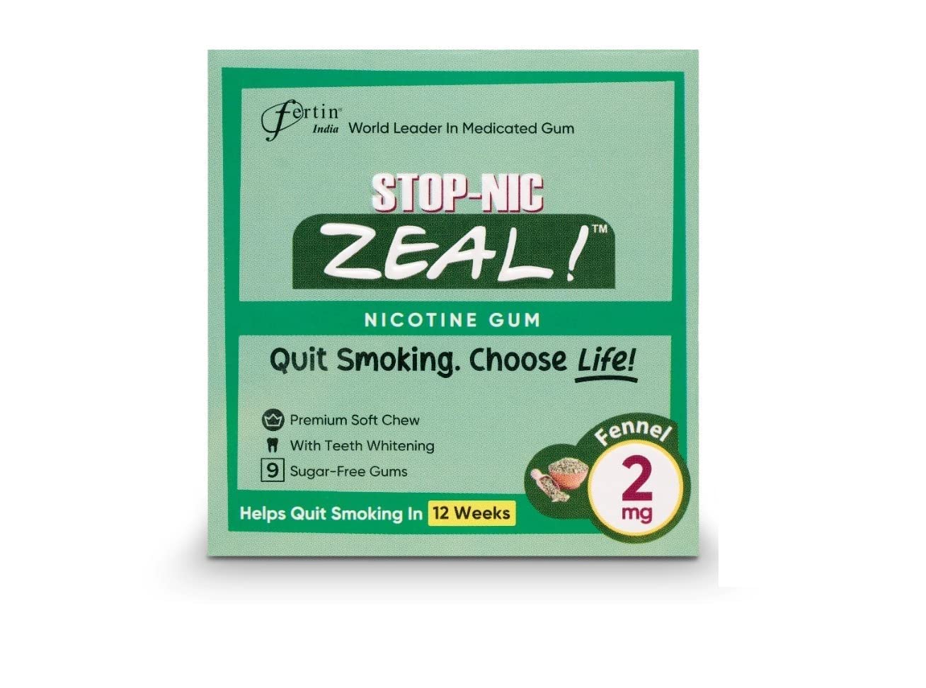 STOP-NIC Zeal ! Nicotine Gum 2mg, Fennel, Sugar-free, Stop Smoking Aid, 9 Gums Per Blister, (Pack of 90 Gums)