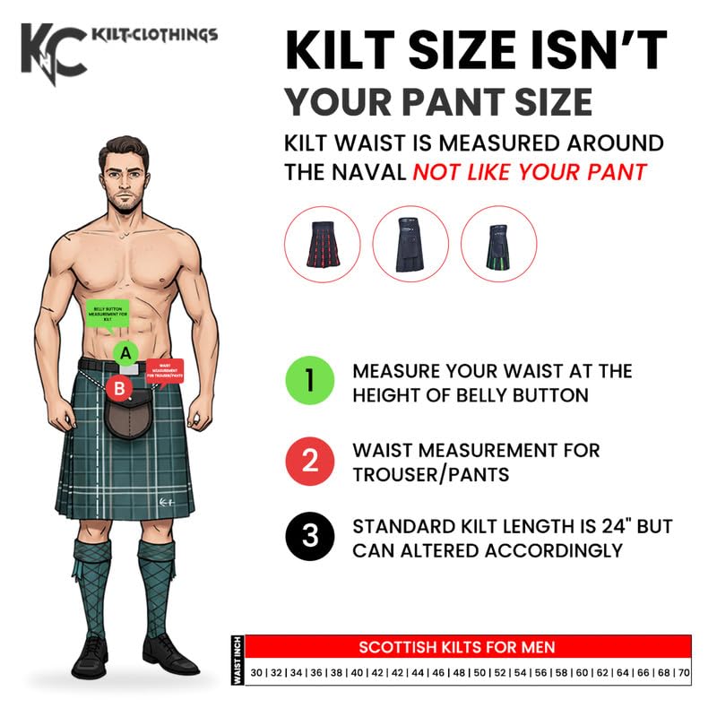 Scottish Kilts for Men - Hybrid Men's Kilt with Black Cotton and Acrylic Wool Tartan Pleats, Sizes 30-70 Including Plus Sizes2