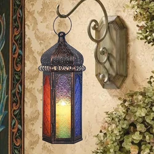 DECORKEY Farol vintage decorativo para interiores y exteriores, linterna colgante marroquí de 14.7 pulgadas de alto con 6 colores de vidrio, faroles