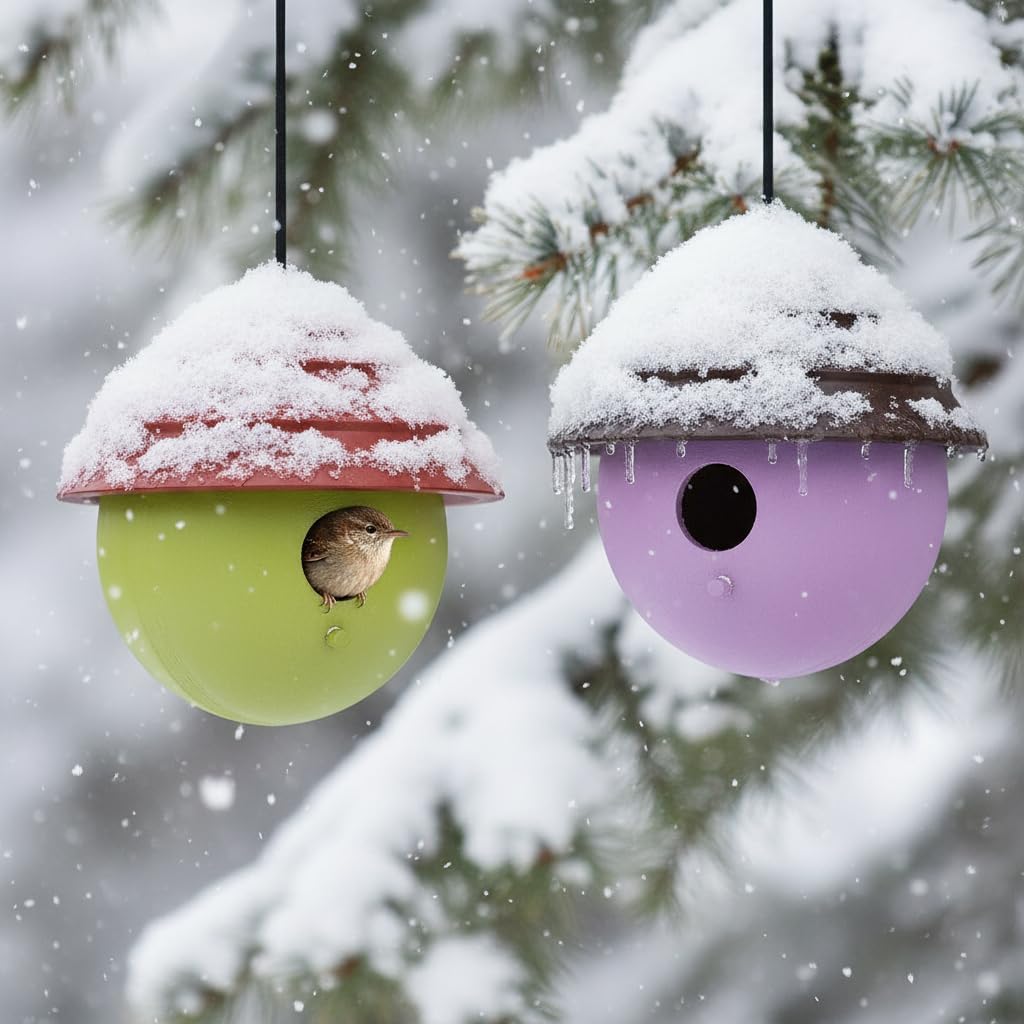 2 PK Composite Clay Bird House for Outside, Water Proof Hanging Birdhouse. Squirrel Proof Mordern Design Style Nest Box. 1.125" Hole Size for Wrens and Chickadees. (Sage Green & Lavender)