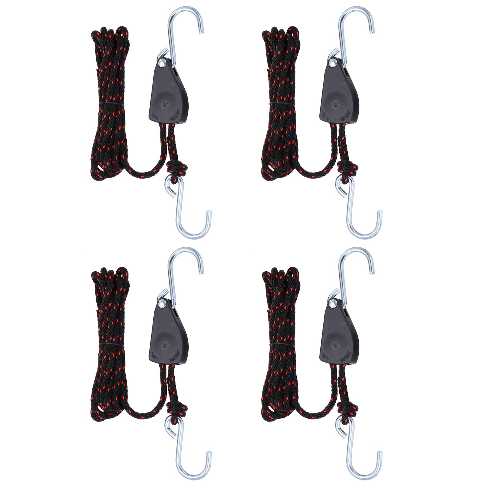 PATIKIL 1/4" x 11.8 Ft Rope Ratchet Tie Down Straps, 4 Pcs Adjustable Kayak Rope Tie Down for Canoe Bow and Stern, Red, Black