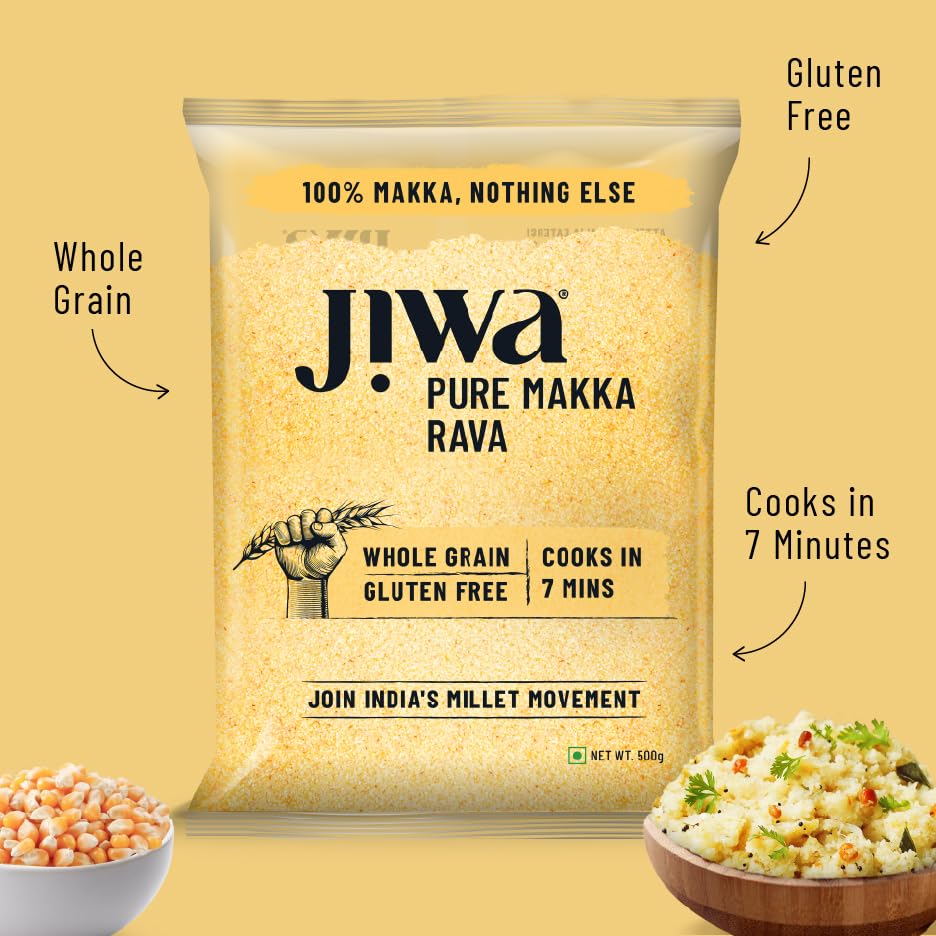 Image of Jiwa Pure Makka Rava | 500 G | Cooks In 7 Minutes | Wholegrain | Broken Corn /Makki Rava | Gluten Free (Pack of 3)