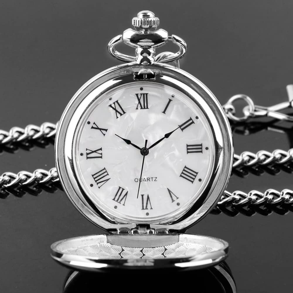 orologio da tasca, Classico acciaio liscio con catena numeri romani uomo donna orologi da tasca ciondolo regalo di compleanno for la festa del papà