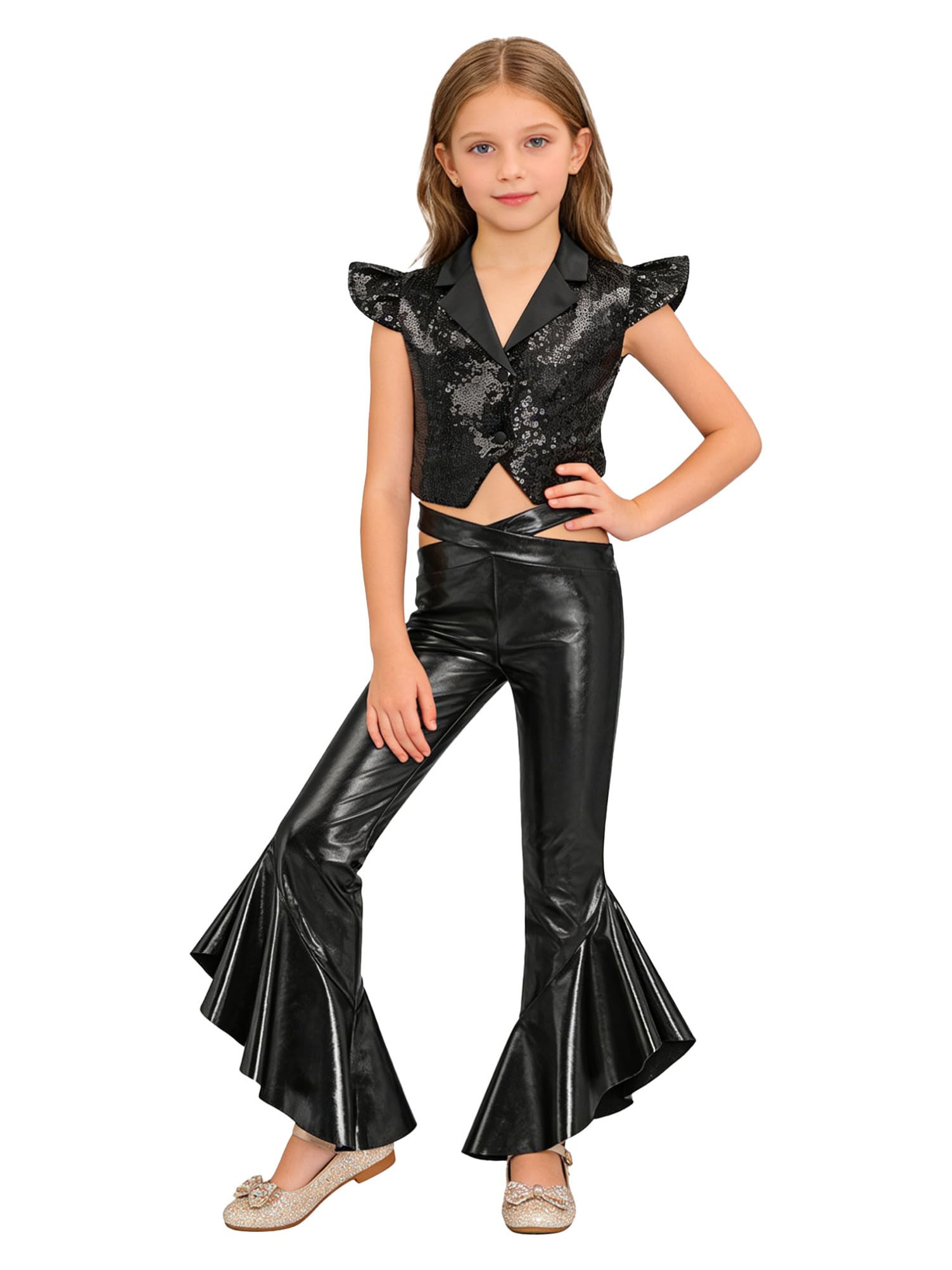 Alvivi Traje Lentejuelas de Dos Piezas Niñas Camiseta Corta y Pantalones Acampanado con Volantes Traje de Fiesta Disco y Musica Baile Jazz