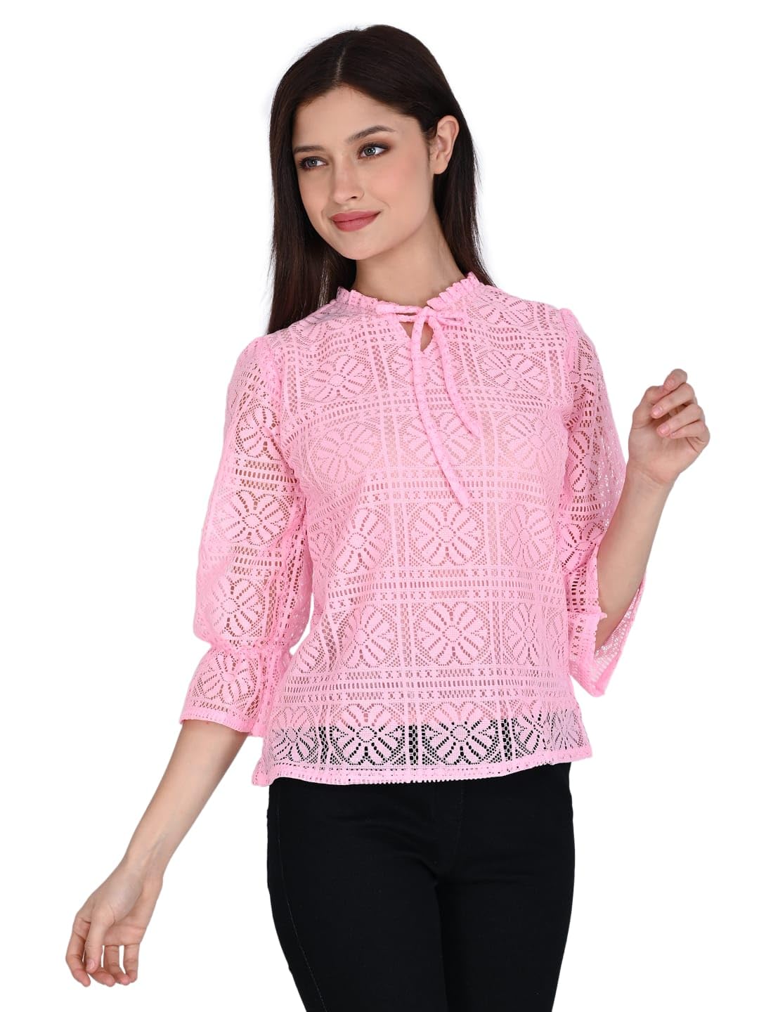 ORIEX THE ORIGINAL FASHION ORX-Girls tie up Neck Long Bishop Sleeves Knitted net top-141 (in, Age, 13 Years, 14 Years, Regular, Pink) - Image 4 thumbnail