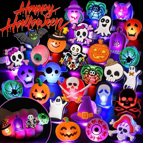 Coluans Halloween Party Favors for Kids Adults Halloween Treats 25Pcs LED Ring Accessories Light Up Rings Accessories Flash Rings Non Candy Gift Bag Fillers NEW VERSION