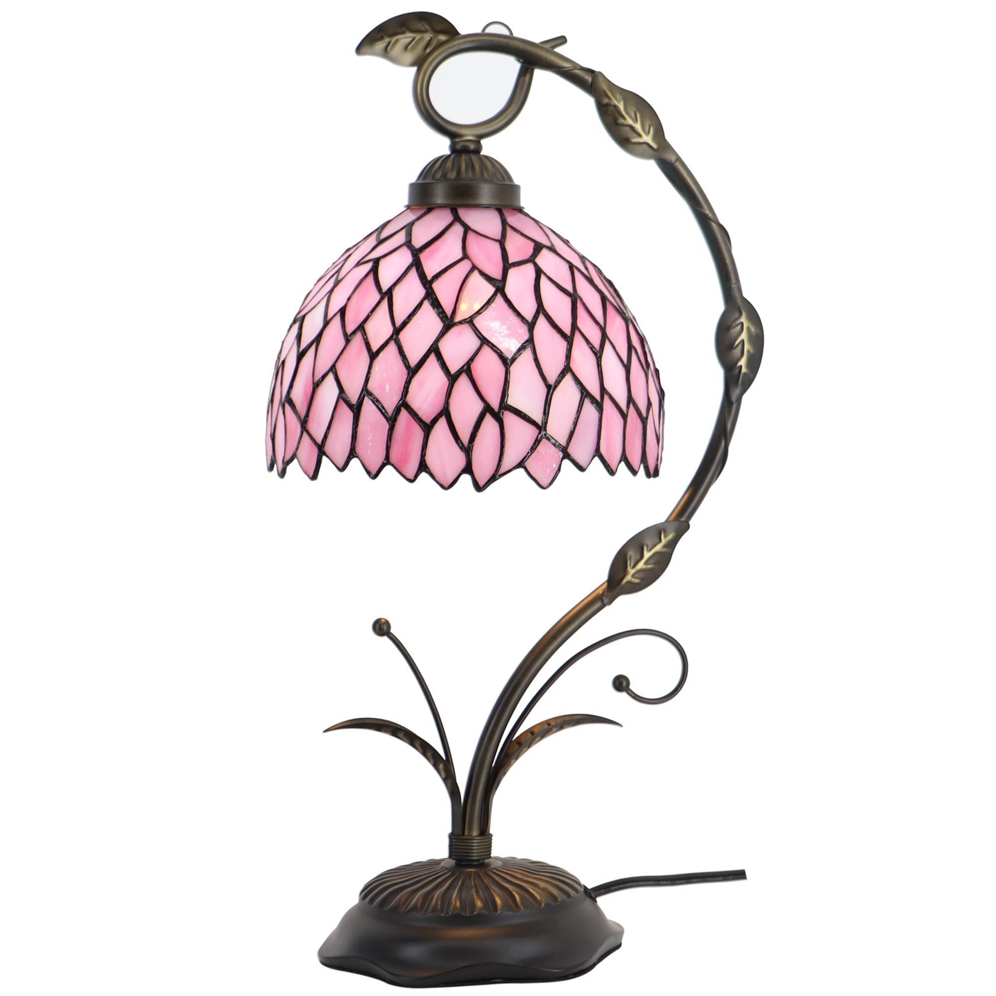 Tiffany Table Lamp, Stained Glass Desk Reading Light, 8X10X19 Inches, Metal Leaf Base (Pink Wisteria)