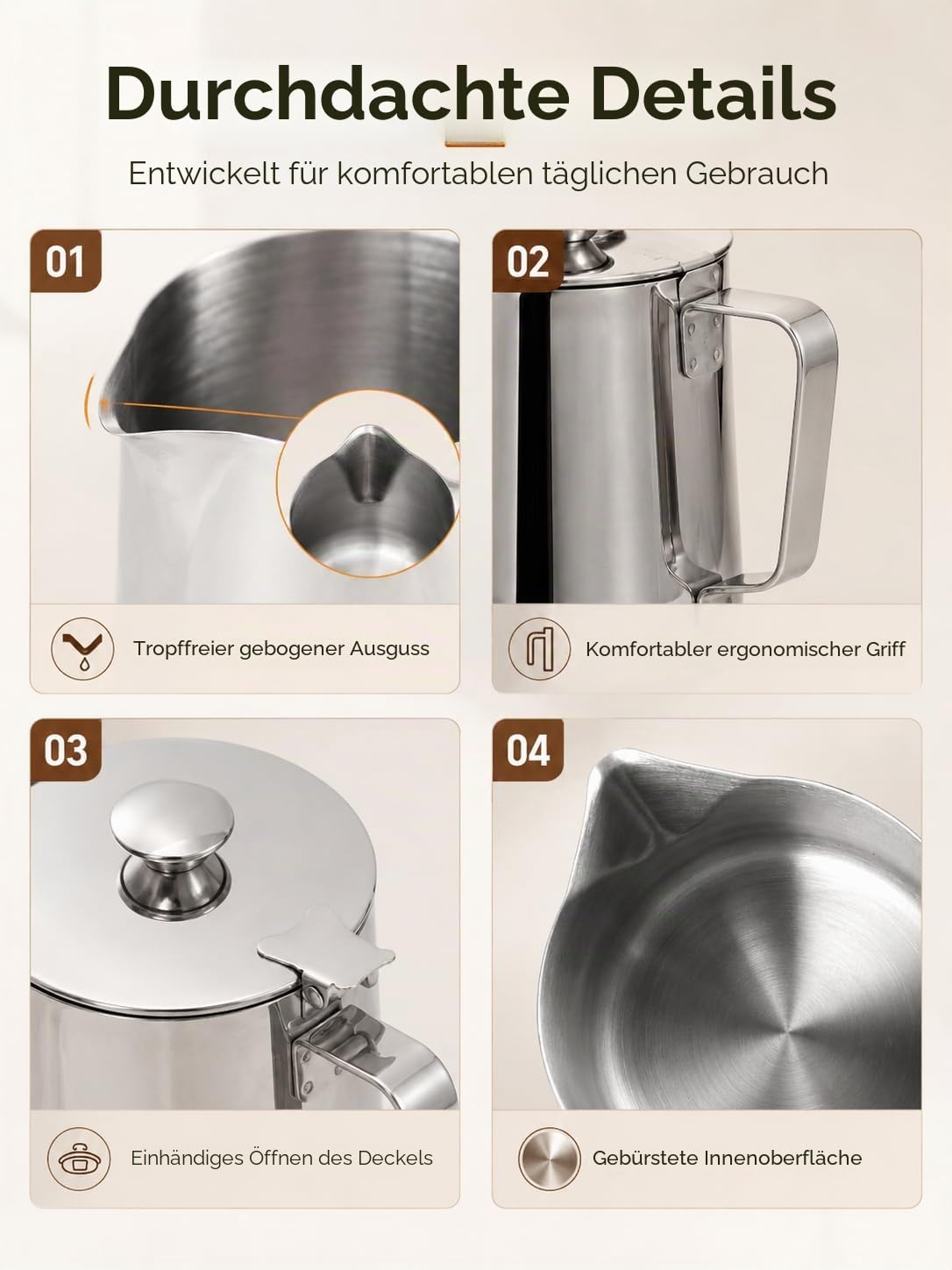 VOBOR Milch Pitcher,Edelstahl Kanne mit Deckel, Handheld Milchkännchen Edelstahl, Aufschäumbecher mit Anti Tropf Düsen und Griff Milchkanne für Espresso,Cappuccino,Latte,Barista (350ML)