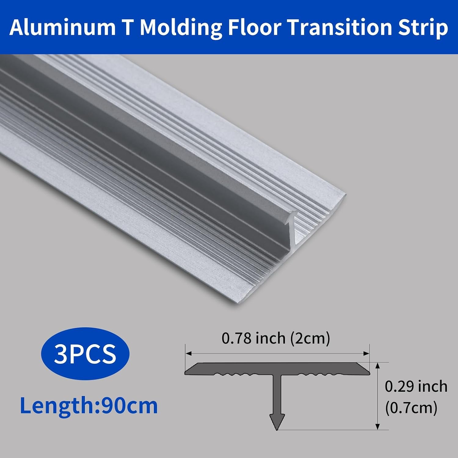 3 piezas de aluminio moldeado en T tira de transición de piso tira divisoria plana de metal for unir huecos de piso perfil laminado tiras de cubierta de borde de piso(2cm x 0.9m)