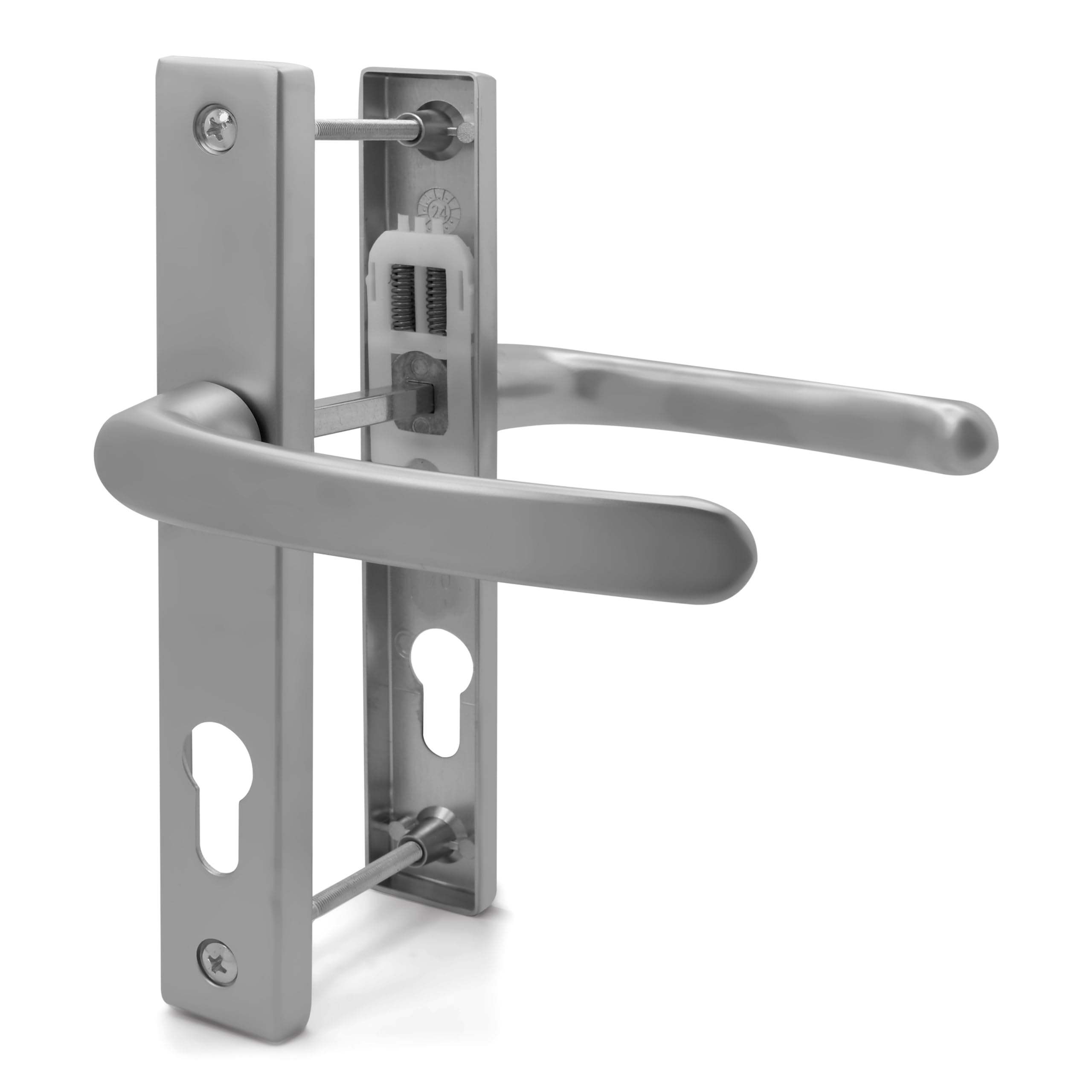 TSS UPVC Door Handle Set, 70mm PZ (Centres), 7mm Spindle Width, Lever/Lever, Screw to Screw 180mm with Backplate 210mm x 32mm - Replacement PVC Door Handle (Silver)