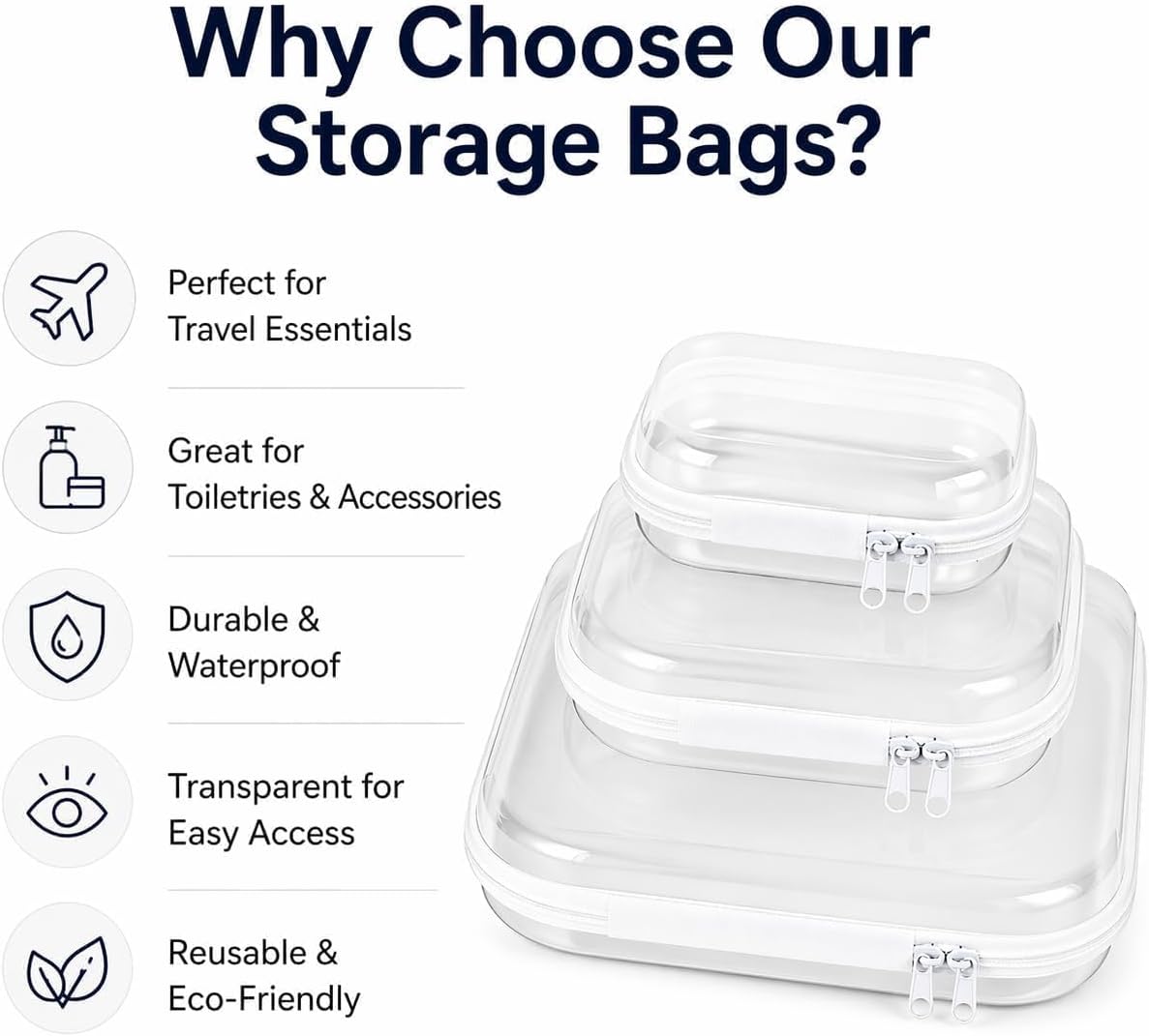 3-Pack Clear Hard Shell Zipper Cases, Crush-Proof Transparent TSA Approved Organizer Bags for Makeup, Cosmetics, Toiletry, Diaper, Toys, Tech & Art Supplies Small Medium Large