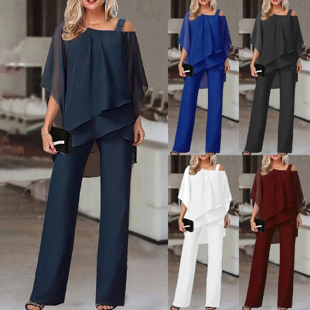 Generisch Ensemble 2 pièces élégant et vintage pour femme - Avec tulle - Ensemble de soirée 2 pièces - T-shirt en mousseline et taille haute - Pour cocktail - Pantalon festif - Élégant - 2 pièces