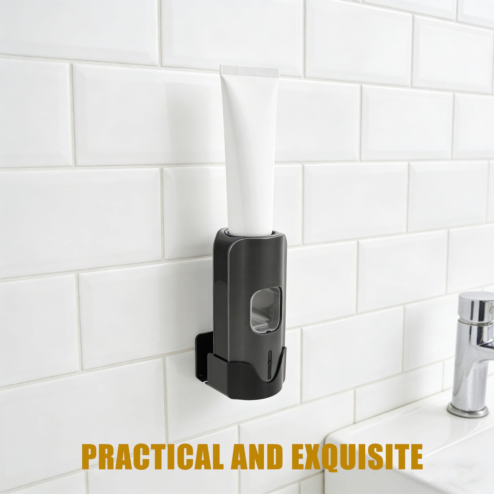 Yardenfun Dispensador de Pasta Dientes Automático con 2 Ranuras Cepillos Dientes y Ajuste de 3 Niveles para Baño Negro Plástico