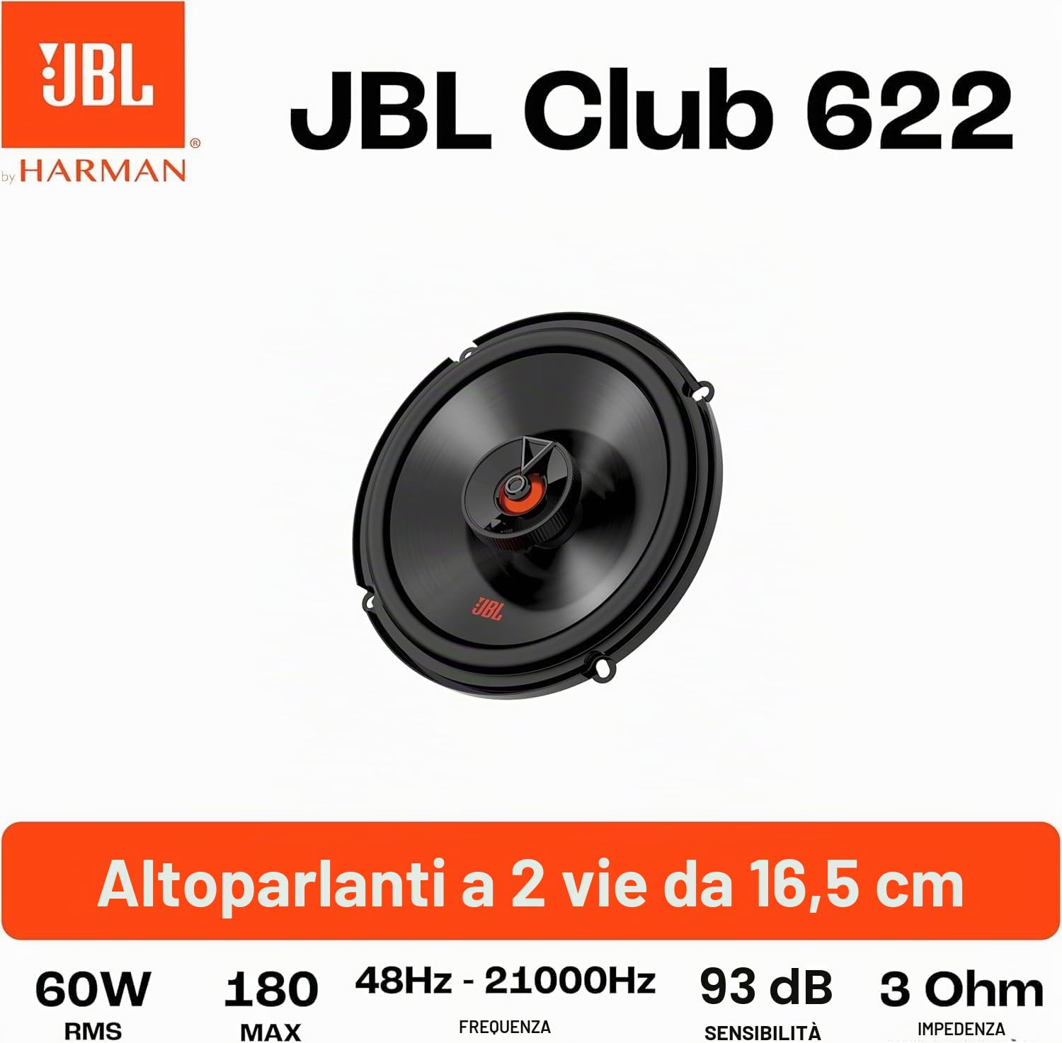 JBL Club 622 2-Vie Casse Auto Set di Harman Kardon - 180 Watt impianto stereo Altoparlanti Auto 16 - 17 cm