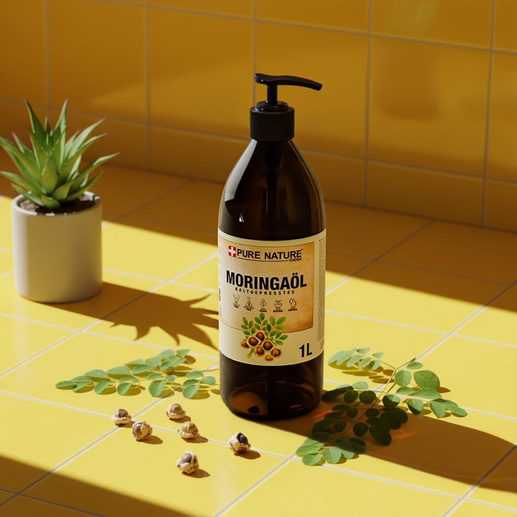 CHOSA Moringaöl 500 ml + Spender | Moringa Öl, Kaltgepresst, Unraffiniert, Veganes Hautpflegeöl, Feuchtigkeits, Pflege für Gesicht, Haut, Haar