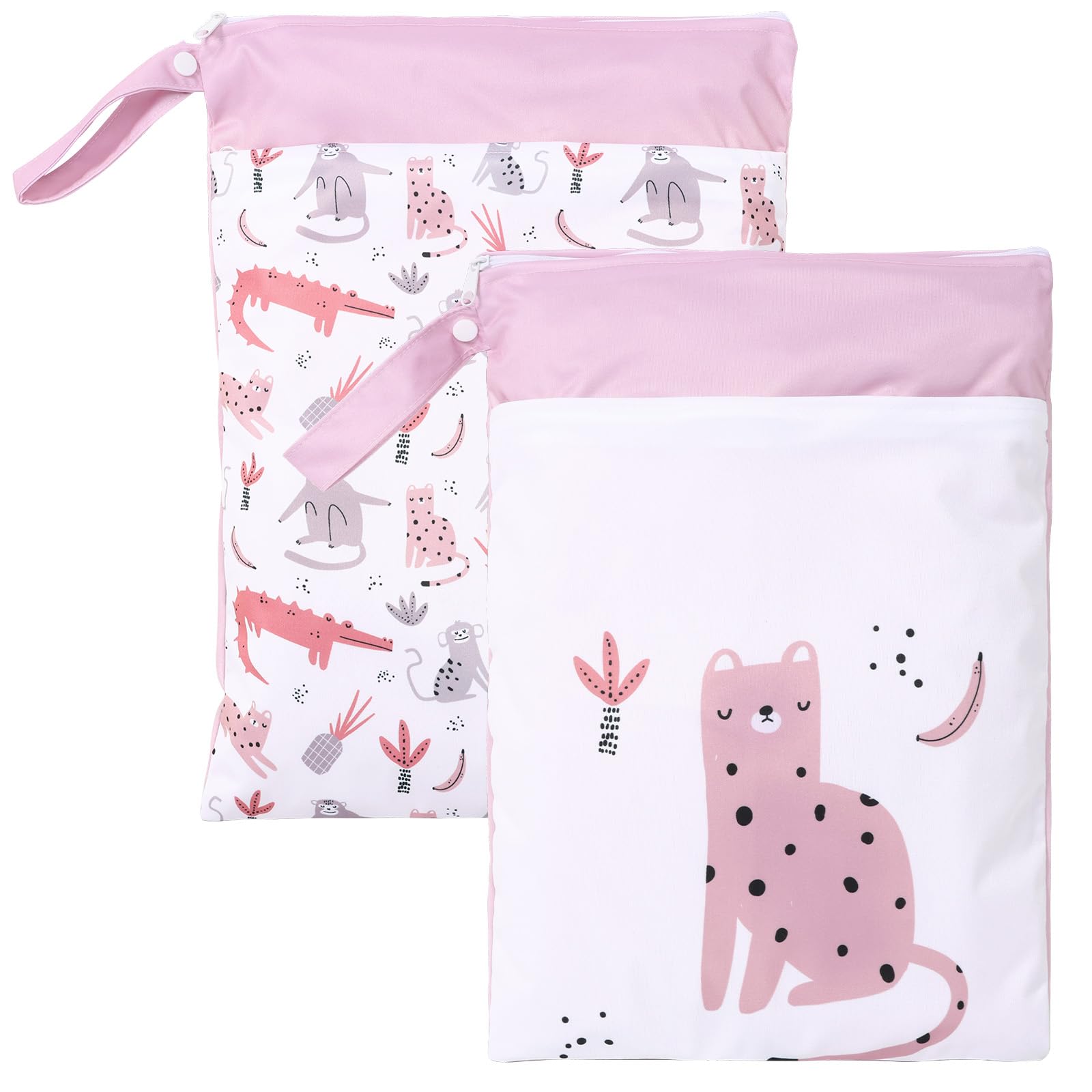 YUNYOUC 2Pcs Wet Bags, Waterproof Travel Laundry Bag, Reusable Cloth Diaper Bags with Handle & Zipper, Washable Travel Tote Organizer Yoga Bag for Baby Items, Wet Swimsuits, Beach, Gym(Pink)