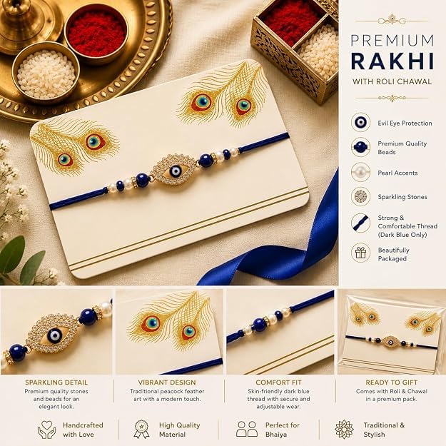 Image of PRINT BHARAT Rakhi for Brother with Coaster, Kumkum & Chawal | Traditional Beaded Thread Rakhi with Royal Kalai Thread | Raksha Bandhan Gift Hamper