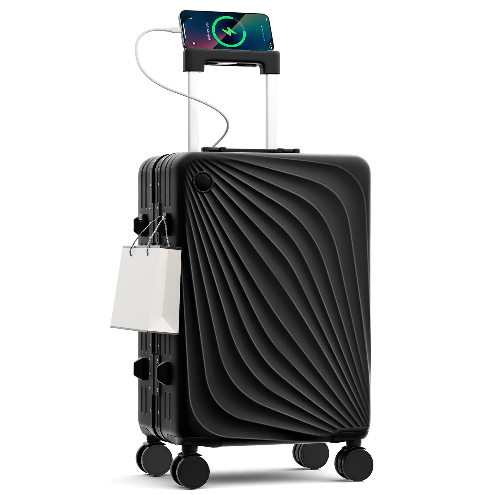 Carry On Luggage, Aluminum Frame Zipperless Suitcase, Black, 20 in