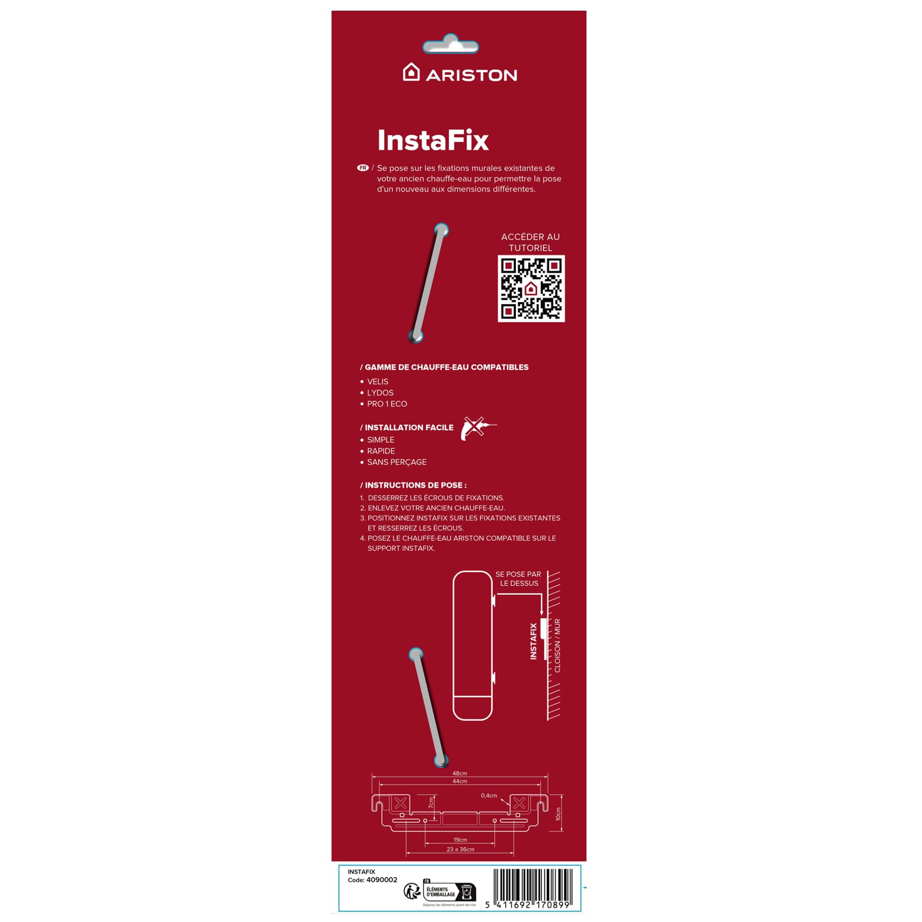 Ariston INSTAFIX, Support Mural Sans Perçage pour Chauffe-Eau Électrique Ariston, Compatible VELIS - LYDOS - PRO1, Conçu et fabriqué pour être installé en France