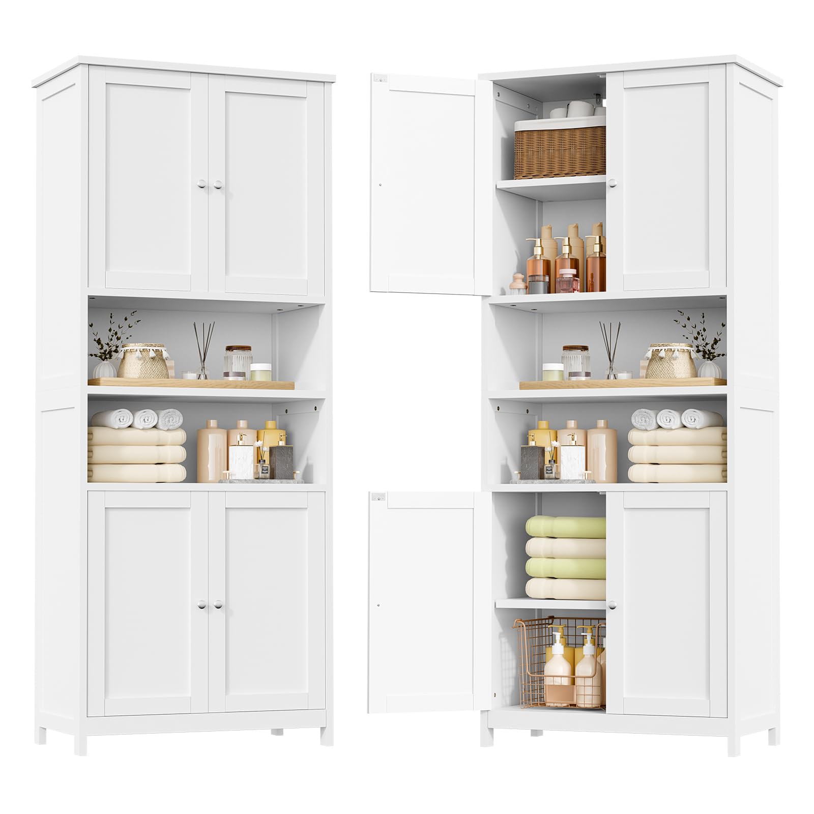 ELUCHANG Meuble Colonne de Salle de Bain, Armoire Haute Cuisine avec 2Étagères Réglables et Ouvertes, 4 Portes, Meuble de Rangement pour Salon, Cuisine, Salle de Bain, 60x30x180 cm
