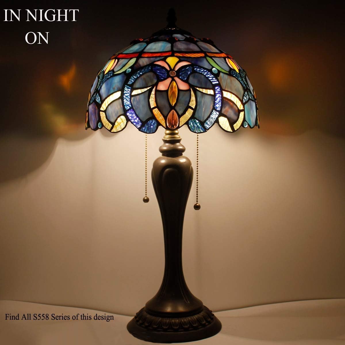 WERFACTORY Tiffany Style Table Lamp Blue Purple Cloud Stained Glass Bedside Desk Reading Light 12X12X22 Inches Decor Bedroom Living Room Home Office S558 Series