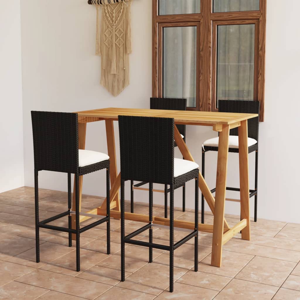Conjunto de Bar para jardín 5 Piezas con Cojines Negro, Mesa Madera Maciza Acacia 140x70x104 cm, taburetes ratán sintético con Estructura Acero