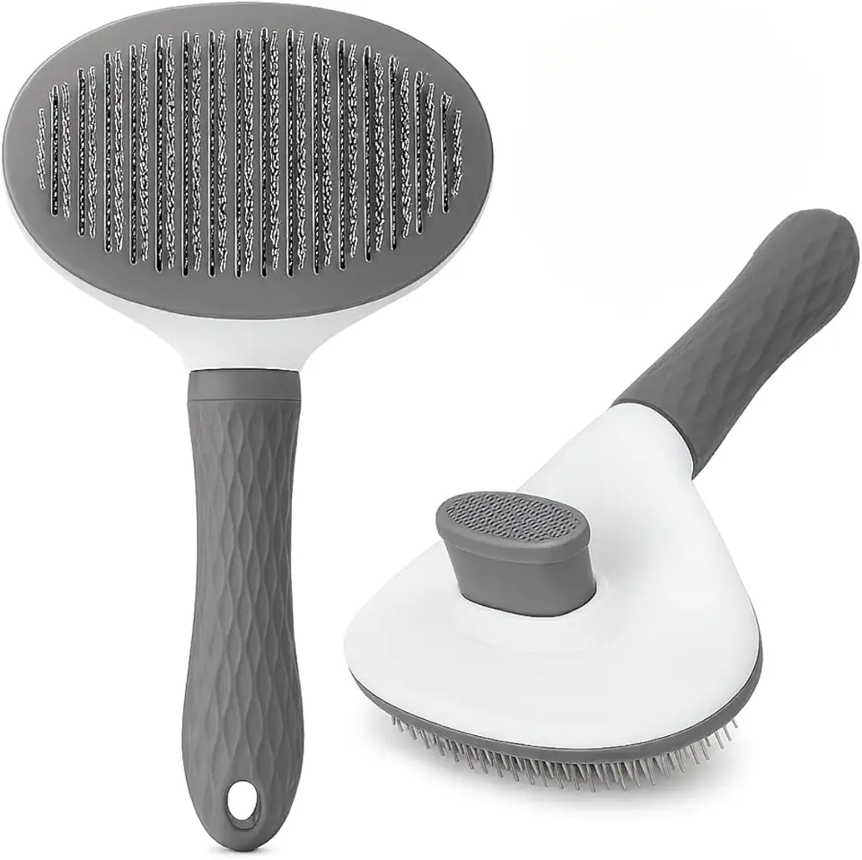Escova Rasqueadora Pet Autolimpante Cães Gatos Remove Pelos Soltos Nós Com Suavidade Cerdas de Aço Flexíveis Pontas Arredondadas Cabo Ergonômico Limpeza Fácil Para Pelagem Média a Longa (Cinza)