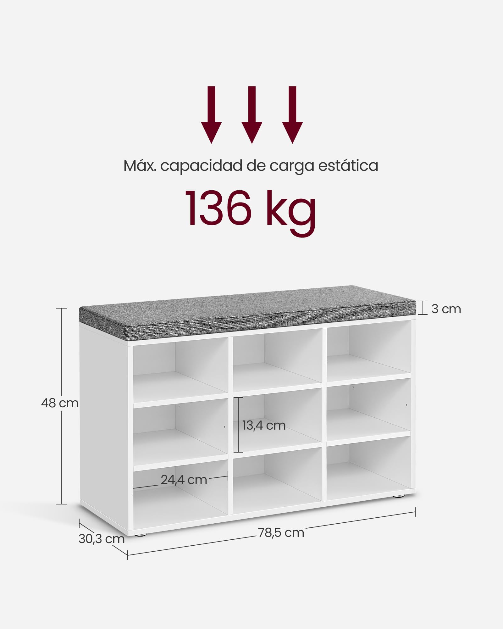 VASAGLE Custos Colección - Banco Zapatero, Zapatero con Asiento, con Cojín y 9 Compartimientos, Estantes Ajustables, para Entrada, Sala de Estar, 30,3 x 78,5 x 48 cm, Blanco Clásico LHS009W14