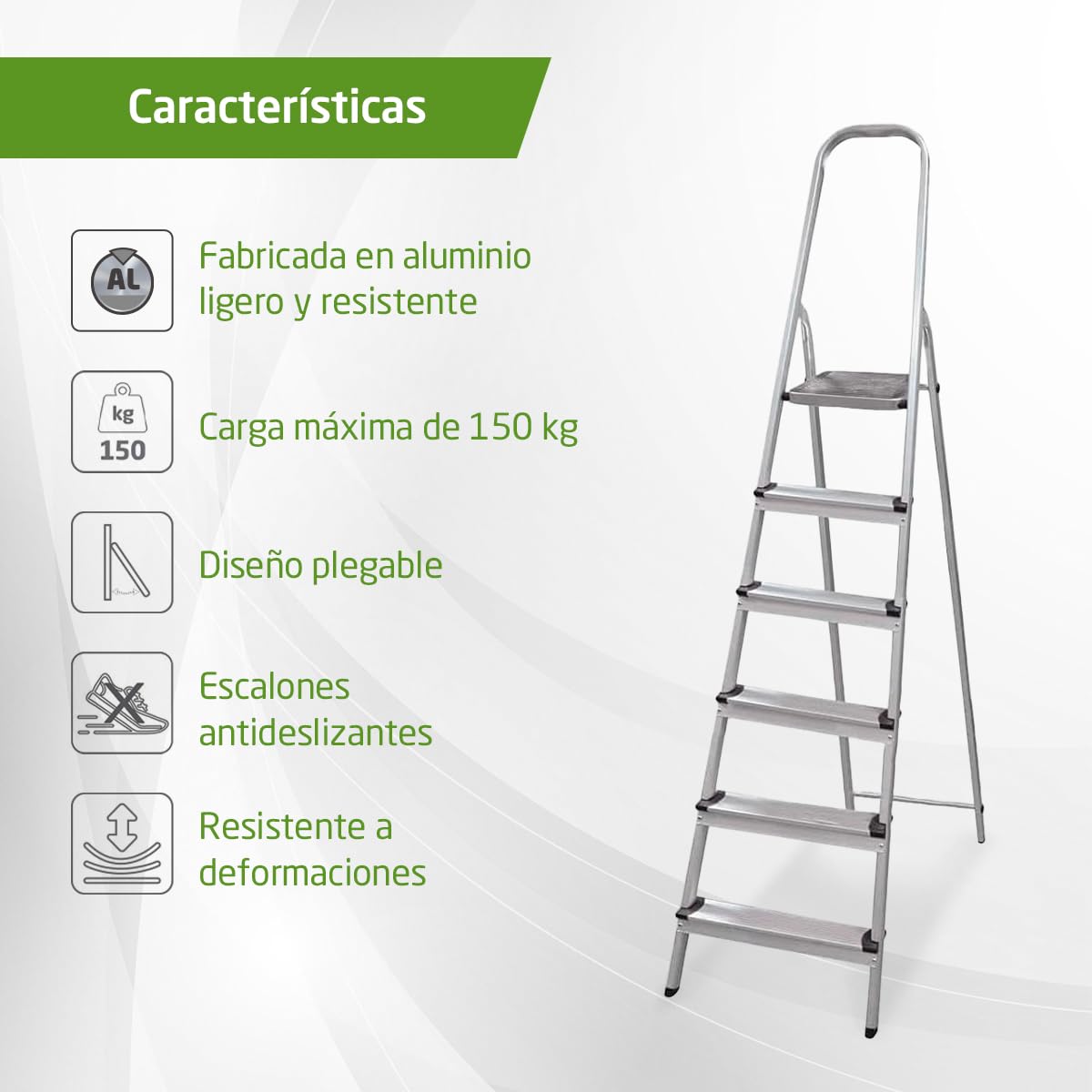 Amig - Escalera Plegable con 6 peldaños - Fabricada en Aluminio - Medida de Peldaños Pequeños:28x8cm - Medida de Peldaño Grande: 25x25x28 cm - Uso Doméstico - Carga Máxima 150 kg